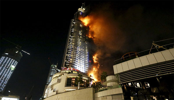 Dubai Hotel on Fire on the eve of New Year Fireworks