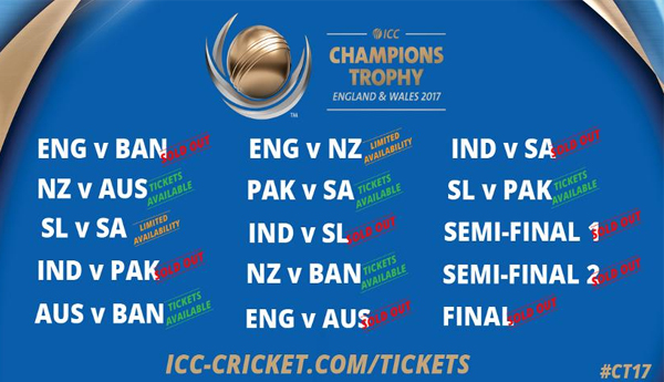 Tickets for eight ICC Champions Trophy matches sold out