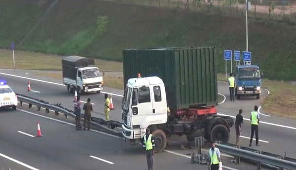Container Truck Driven By A Sleeping Driver  Veered -off Southern Expressway