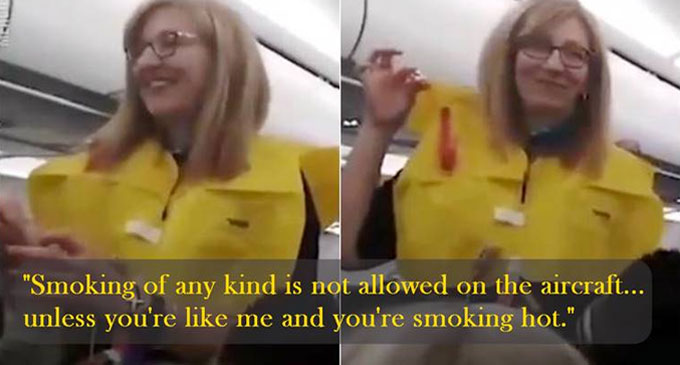 Quirky flight attendant leaves passengers in splits with hilarious safety announcement Quirky flight attendant leaves passengers in splits with hilarious safety announcement