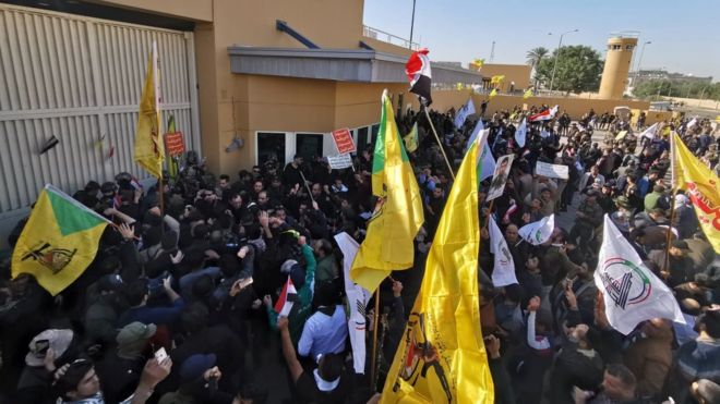 Kataib Hezbollah: Iraqis protest outside US Baghdad embassy