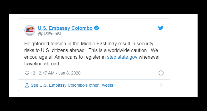 US embassy in SL issues security alert after tension in ME