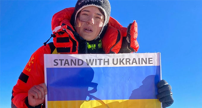 Ukrainian flag on summit of Everest